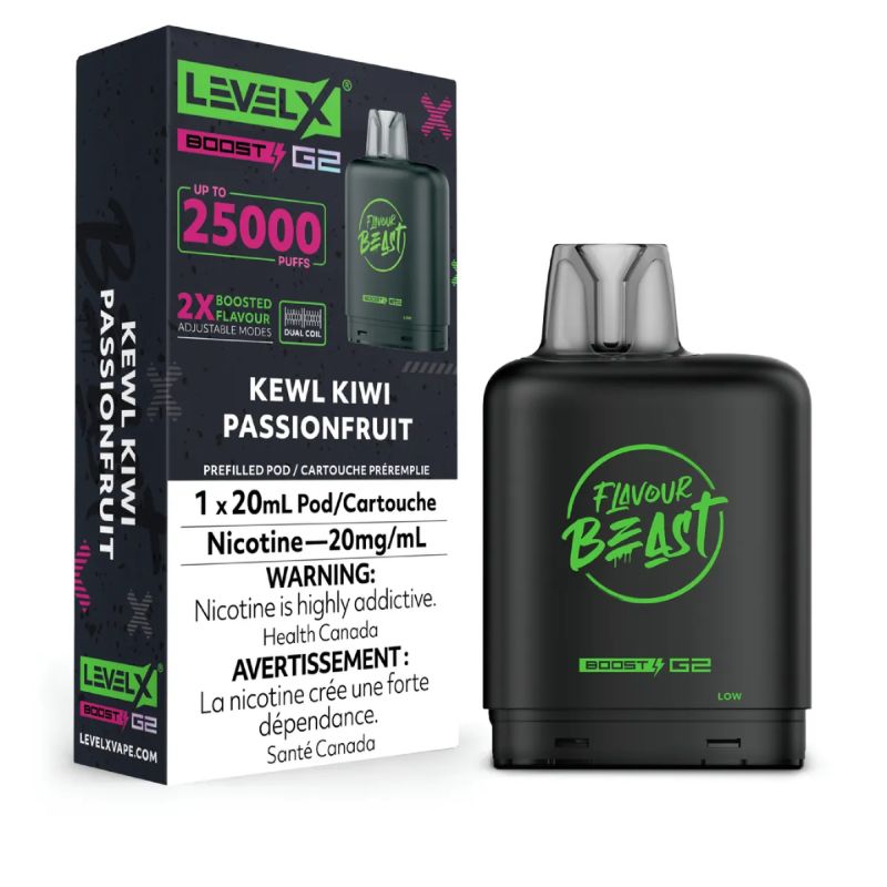 Ontario *EXCISED* Nicotine Pod Flavour Beast Level X Boost G2 Kewl Kiwi Passionfruit Box of 6