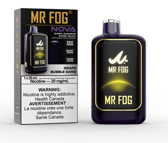 Manitoba *EXCISED* Disposable Vape Mr Fog NOVA 36K Grape Bubble Gang Box of 5