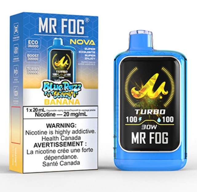 Alberta *EXCISED* Disposable Vape Mr Fog NOVA Blue Razz Steezy Banana Box of 5