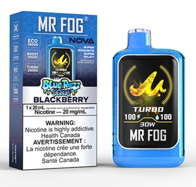 Alberta *EXCISED* Disposable Vape Mr Fog NOVA Blue Razz Steezy Blackberry Box of 5