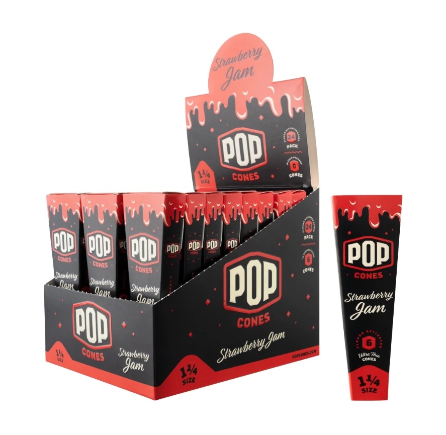 Pre-Rolled Cones Pop 1.25 6pk Strawberry Jam Flavor Tip Box of 24