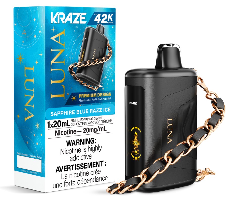 Ontario *EXCISED* Disposable Vape Kraze Luna 42K Sapphire Blue Razz Ice Box of 5